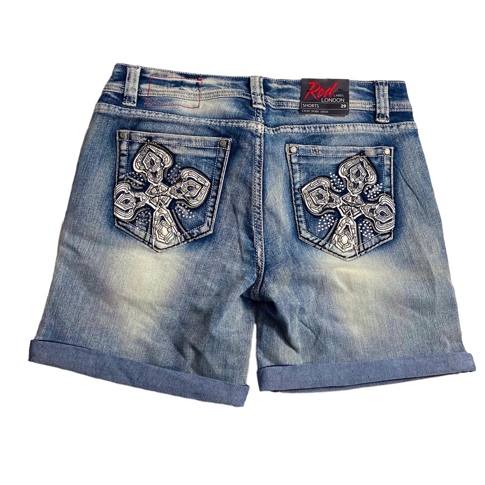 Red Label London cuffed Jean shorts embroidered and studded detailing size 9/10